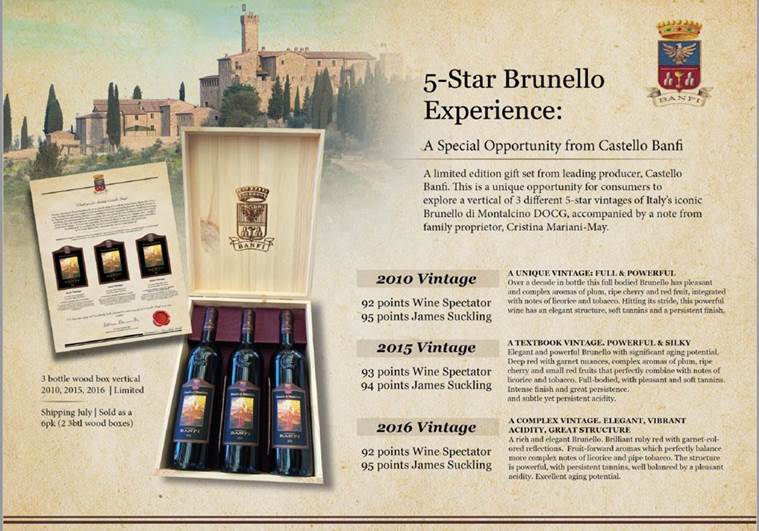 Banfi Brunello di Montalcino Gift Set:  one bottle each of 2010, 2015 and 2016.  In wooden box.